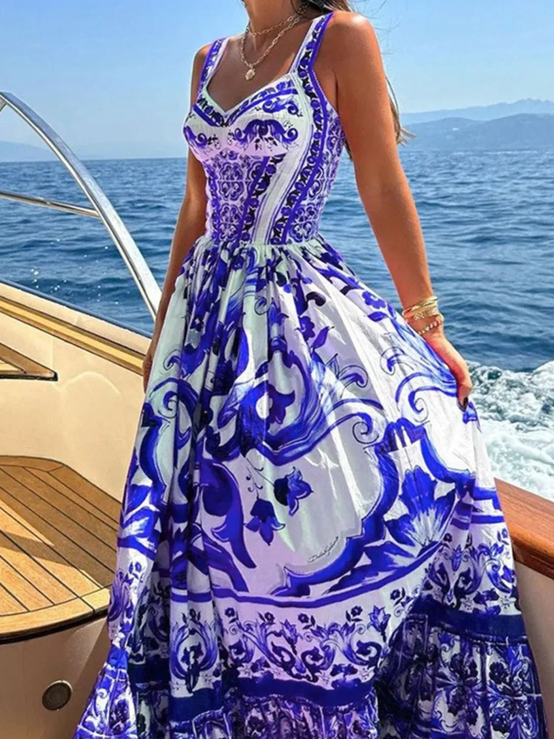 Smocked Printed Wide Strap Dress