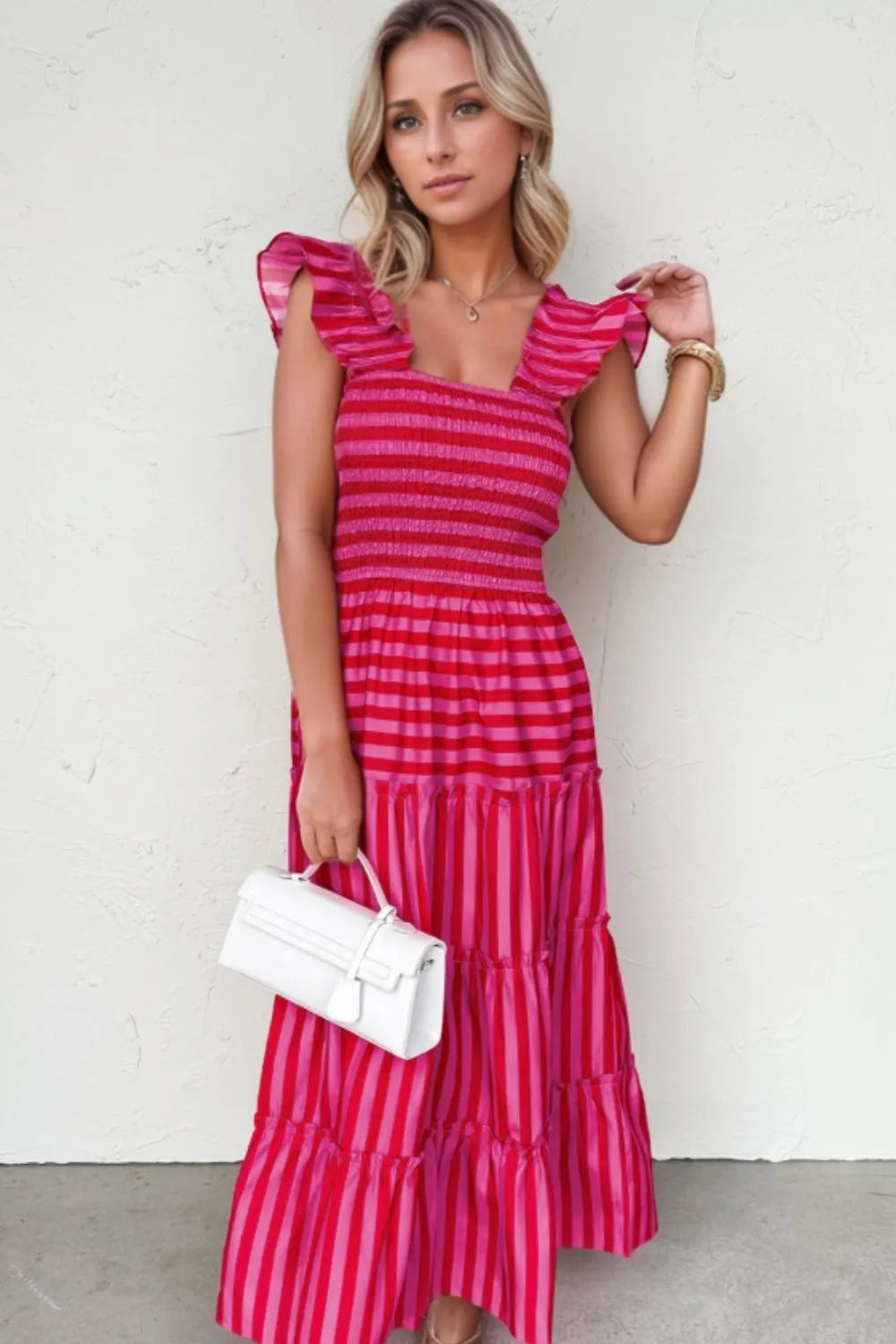 Stripe Flutter Sleeve Smocked Bodice Tiered Maxi Dress