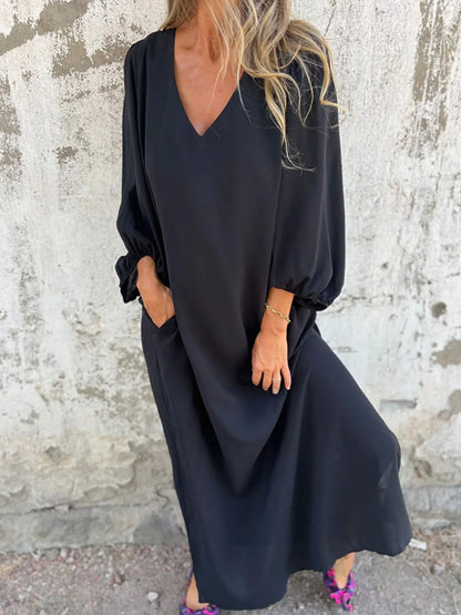 Full Size Slit V-Neck Balloon Sleeve Midi Dress Plus Size