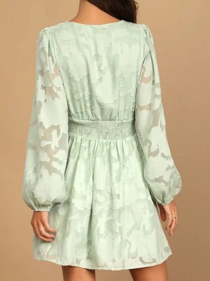 Smocked V-Neck Balloon Sleeve Dress