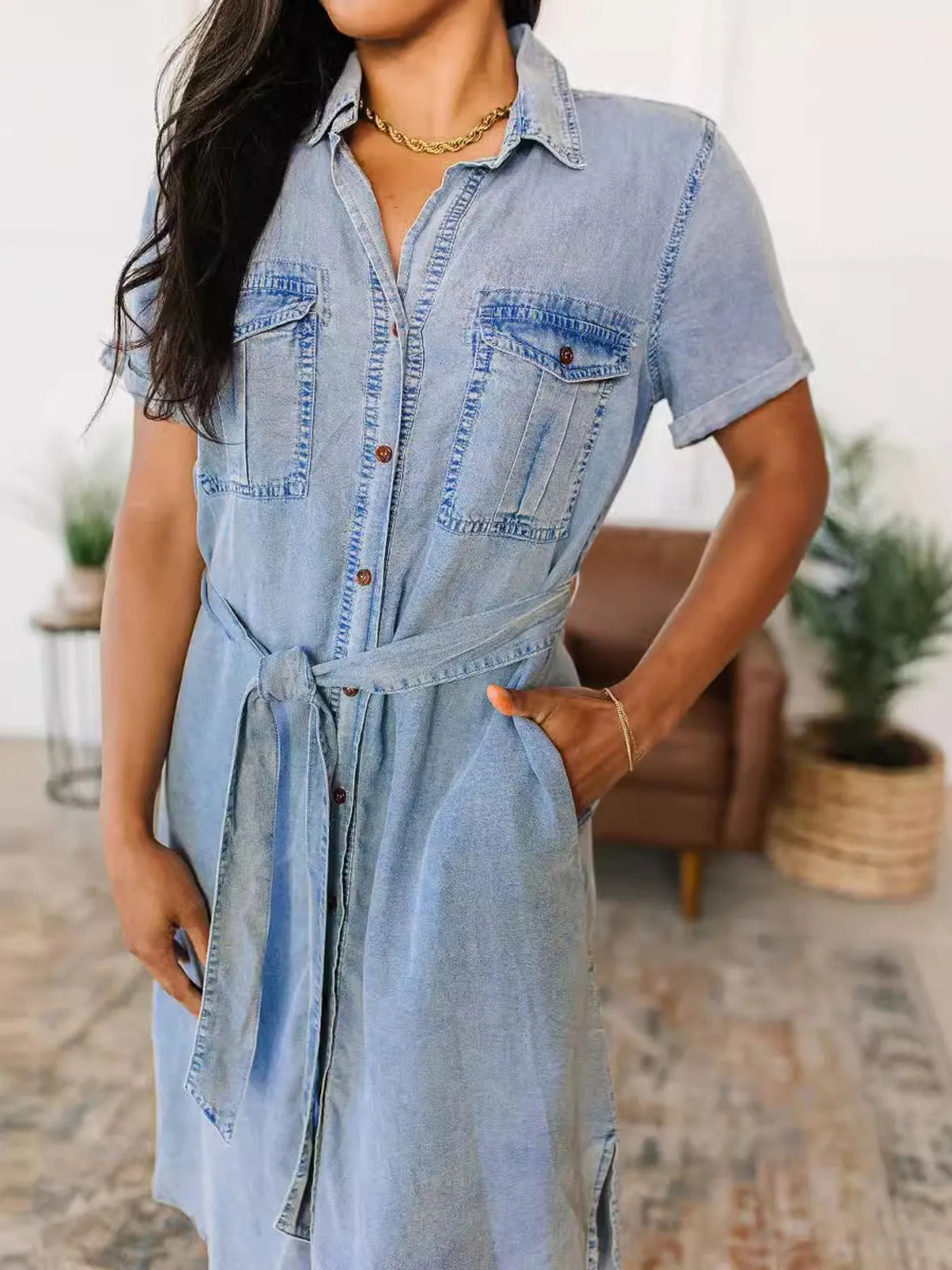 Button Front Short Sleeve Denim Dress