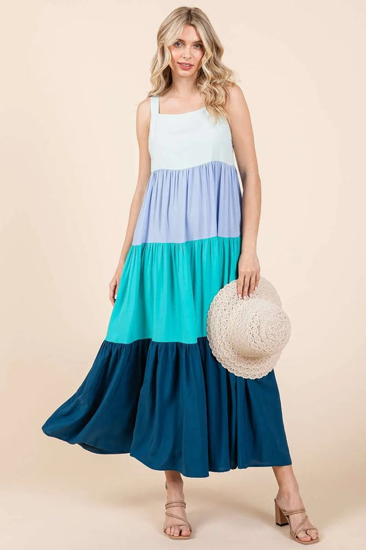 Mittoshop Color Block Tiered Pull-On Maxi Dress