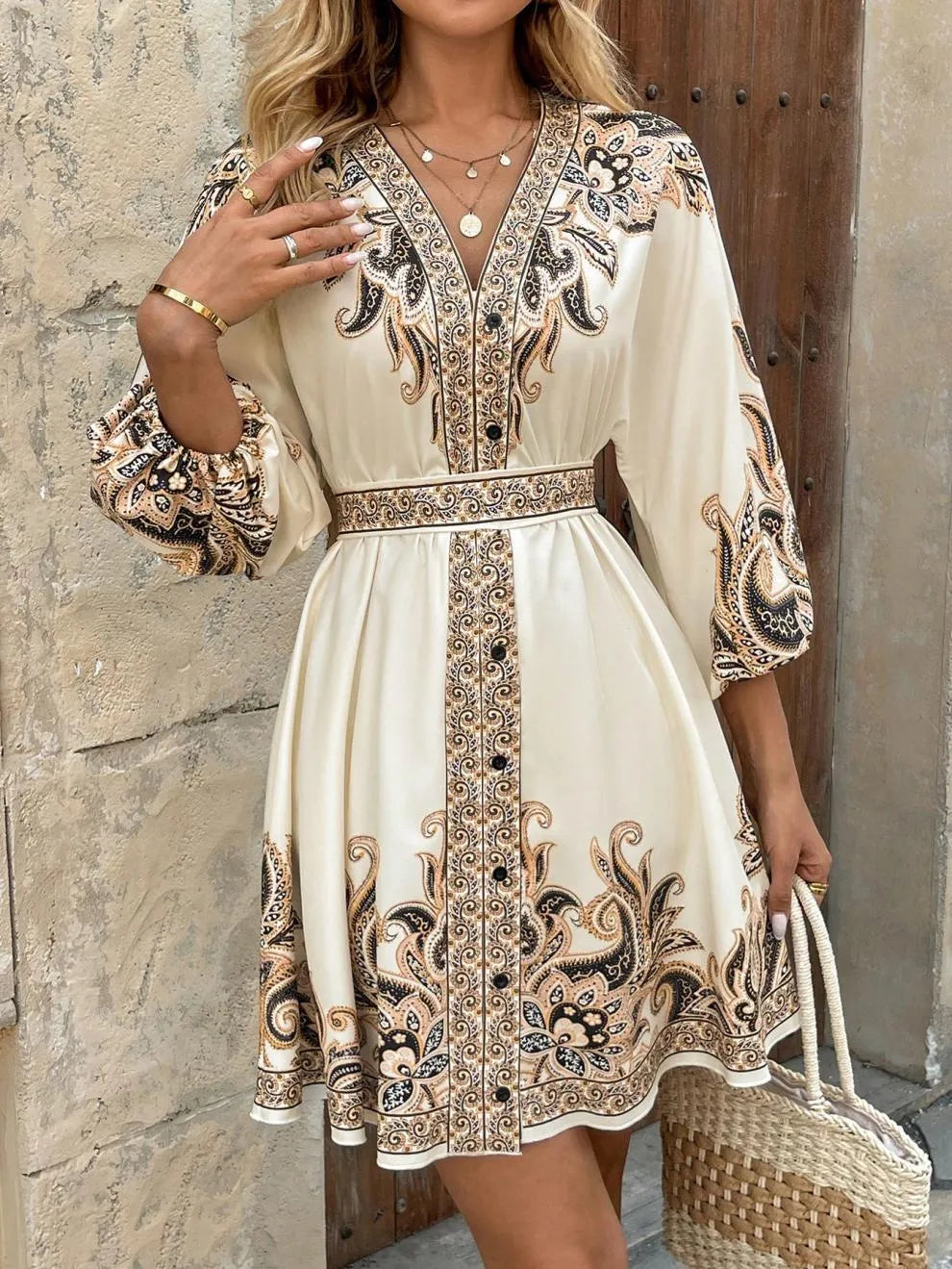 Paisley V-Neck 3/4 Sleeve Mini Dress