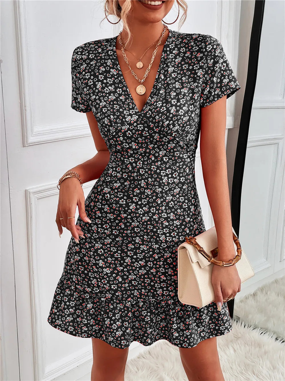 Printed Ruffled Hem V-Neck Short Sleeve Mini Dress