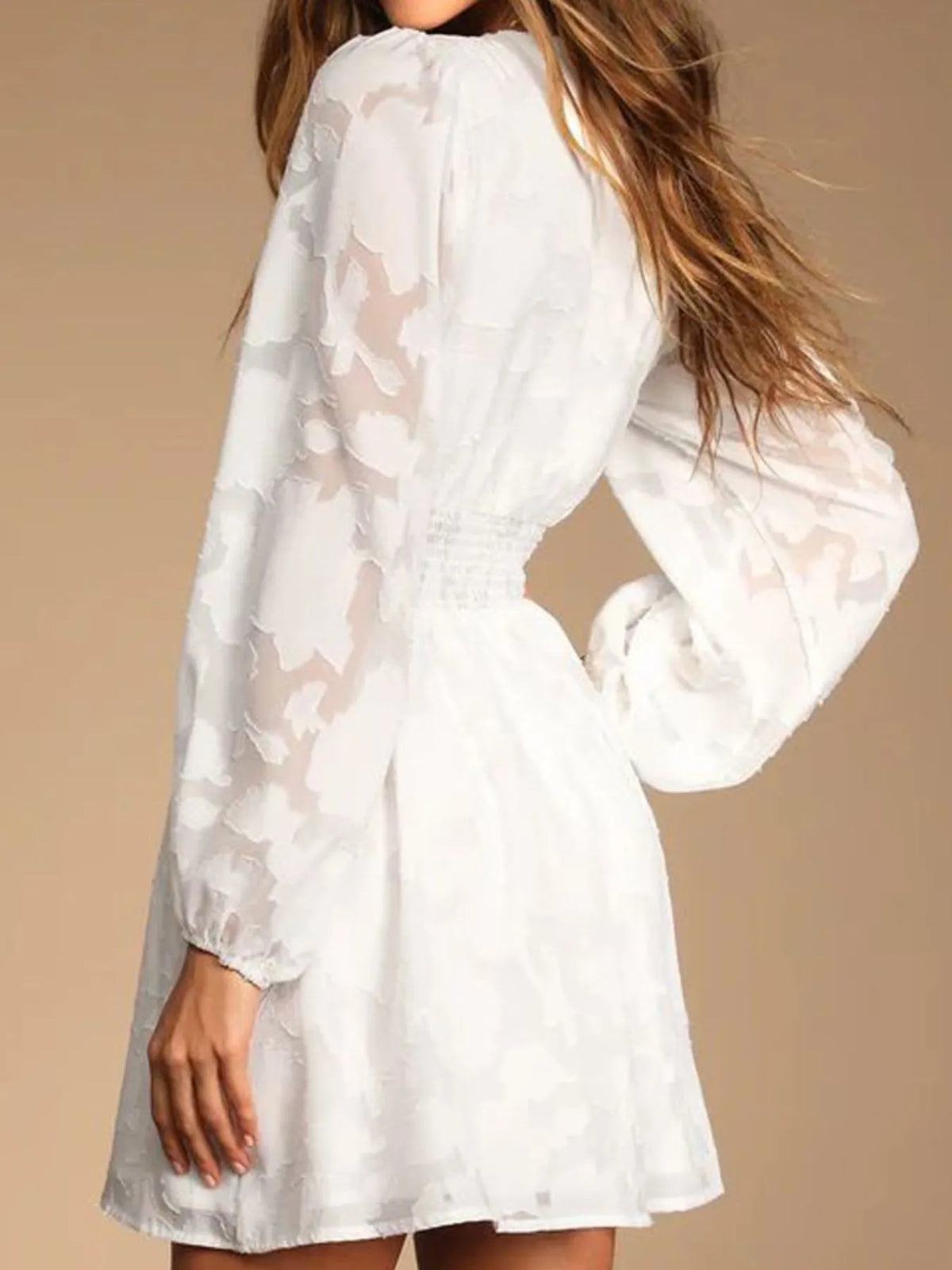 Smocked V-Neck Balloon Sleeve Dress
