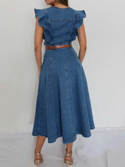 Button-Front Ruffle Sleeve Denim Midi Dress
