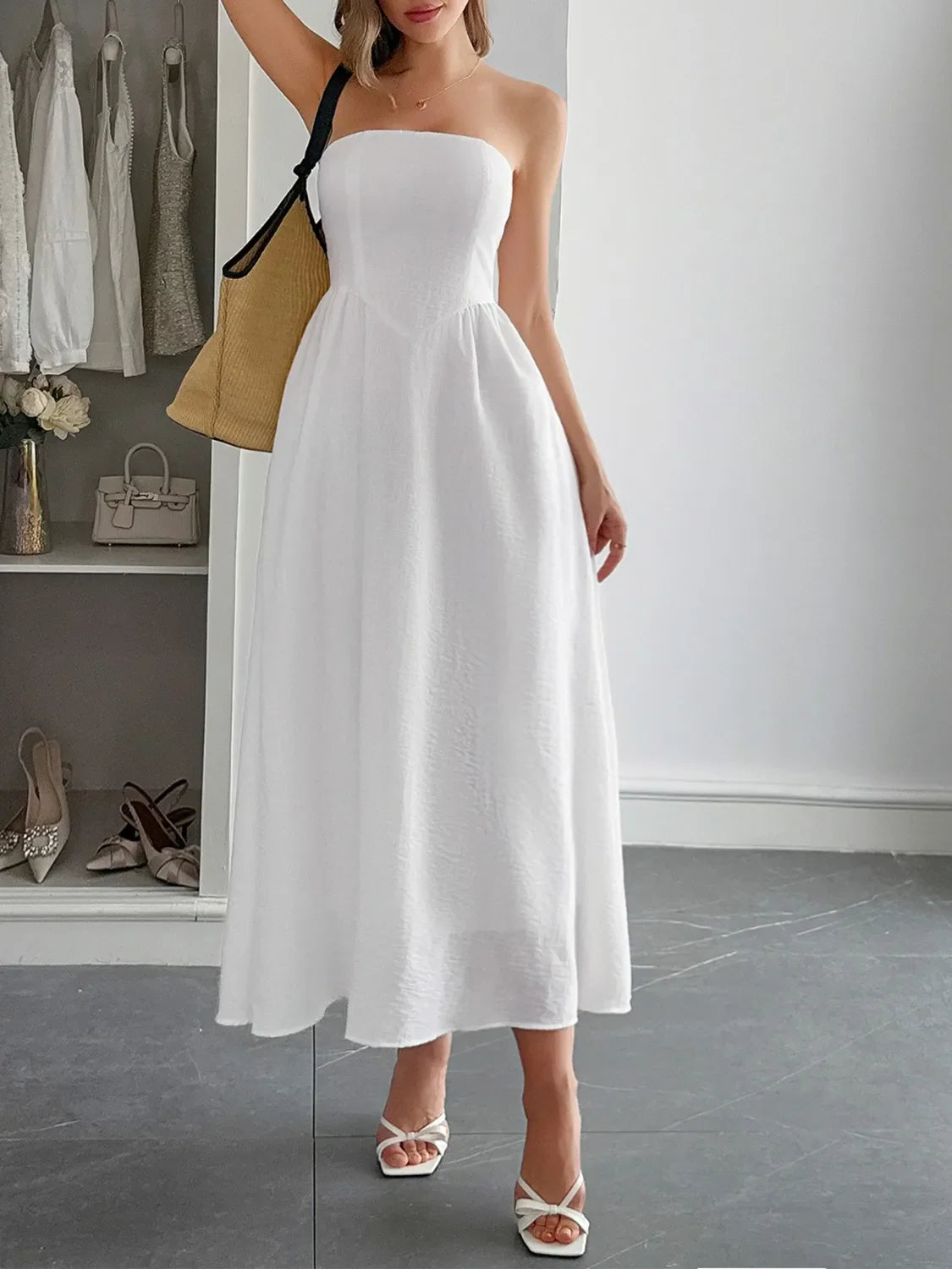 Strapless A-Line Midi Dress with Pockets