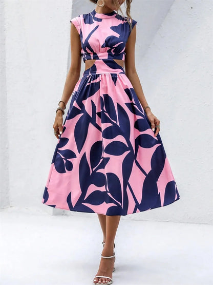 Cutout Printed Cap Sleeve Midi Dress