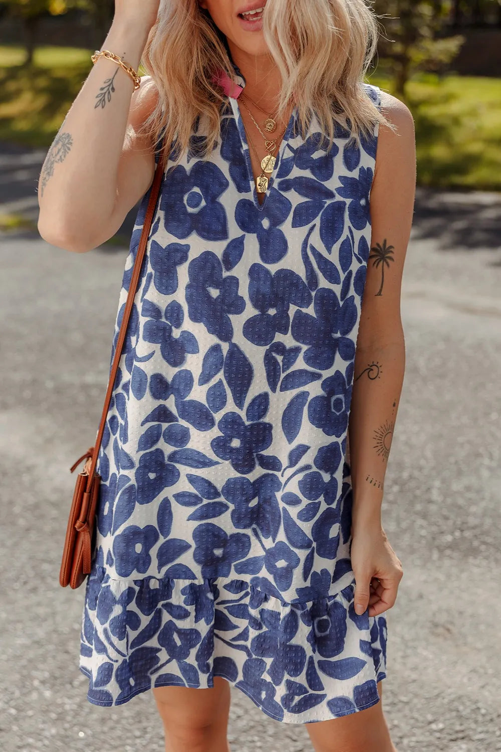 Floral Sleeveless Color Block Notched V Neck Mini Dress