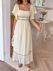 Square Neck Puff Sleeve Ruffle Trim Maxi Dress