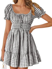 Gingham Smocked Puff Sleeve Summer Dress