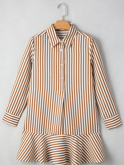 Stripe Ruffled Hem Collared Long Sleeve Shirt Mini Dress