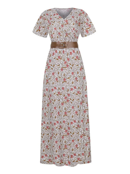 Full Size Printed V-Neck Short Sleeve Maxi Dress Plus Size