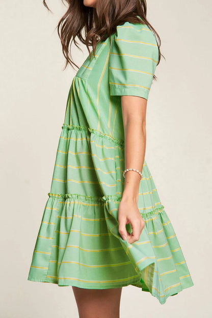 Stripe V Neck Short Sleeve Frilled Detail Dress