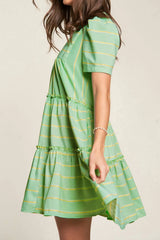Stripe V Neck Short Sleeve Frilled Detail Dress