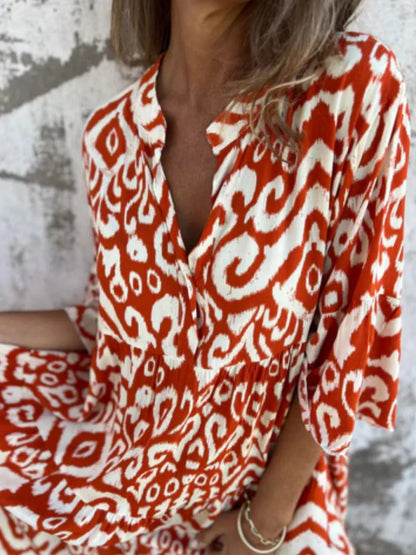 Full Size Printed Notched Half Sleeve Dress Plus Size