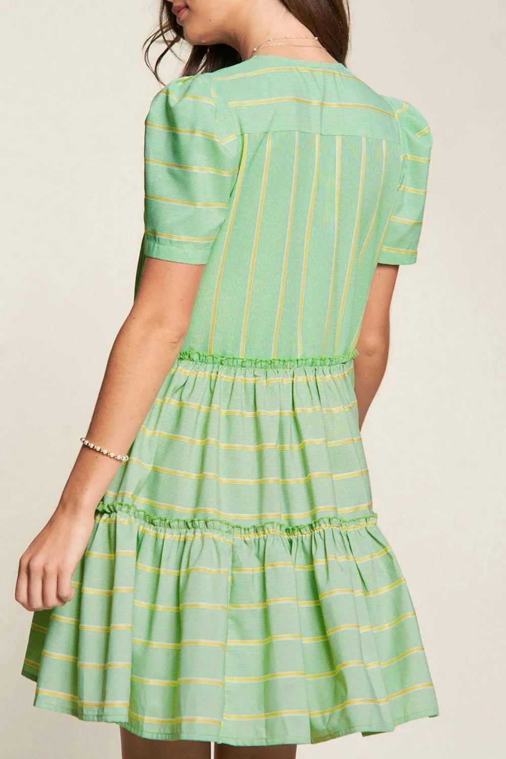 Stripe V Neck Short Sleeve Frilled Detail Dress