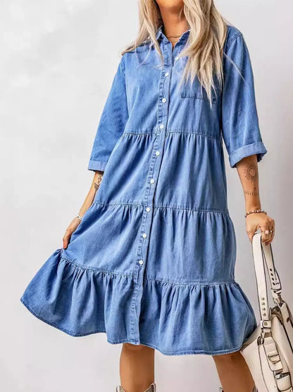 Full Size Ruffled Hem Button Up Denim Midi Dress Plus Size