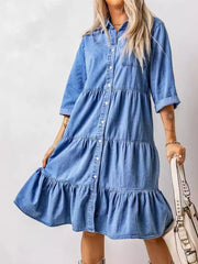 Full Size Ruffled Hem Button Up Denim Midi Dress Plus Size