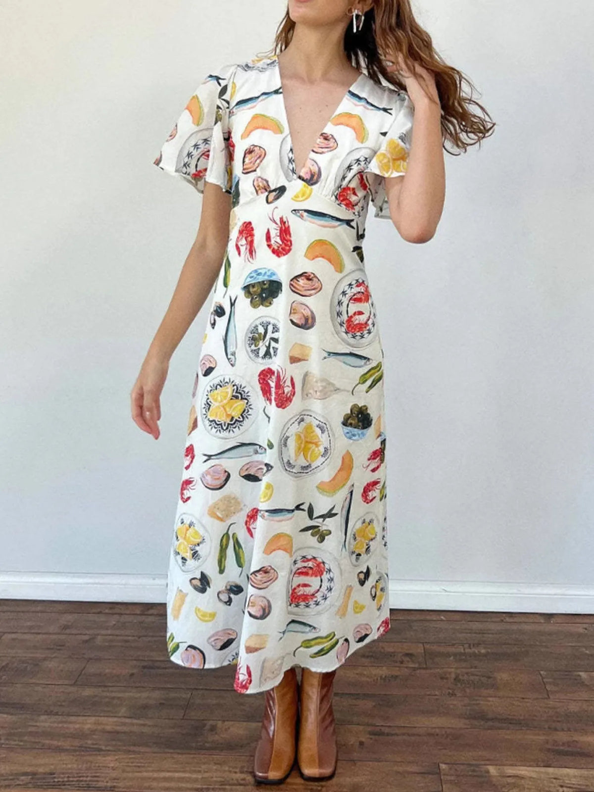Printed V-Neck Short Sleeve Dress