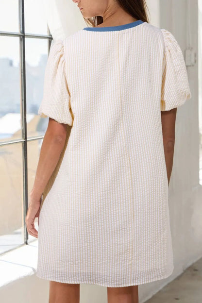 Stripe Seersucker Contrast Round Neck Puff Sleeve T Shirt Dress