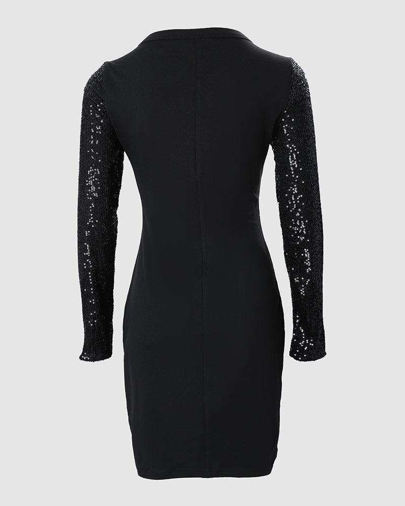 Christmas Wine Glass Print Contrast Sequin Bodycon Dress