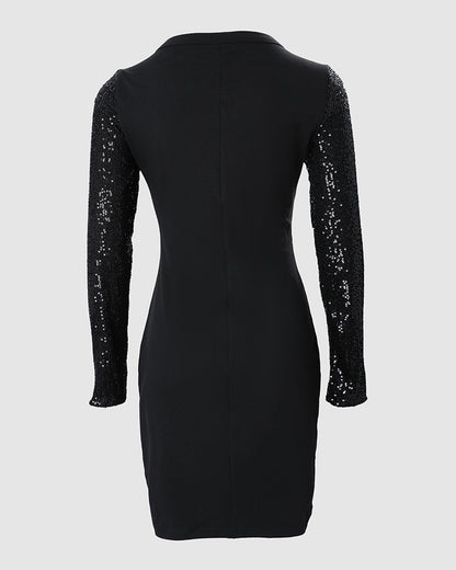 Christmas Wine Glass Print Contrast Sequin Bodycon Dress