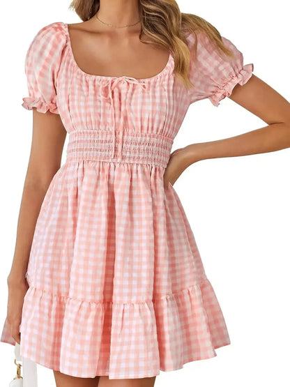 Gingham Smocked Puff Sleeve Summer Dress