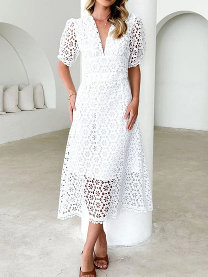 Eyelet Lace V-Neck Midi Dress with Puff Sleeves