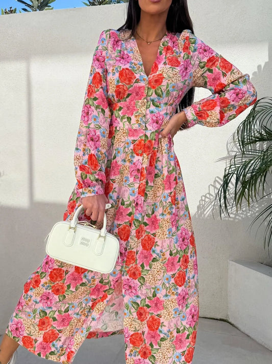 Floral Print Long Sleeve V-Neck Dress