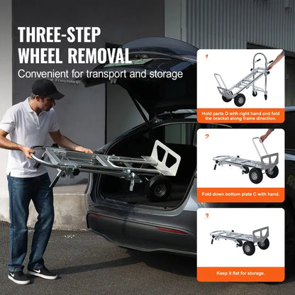 Aluminum Folding Trolley, 4 in 1 Design, 1000 lbs Load Capacity, Heavy Duty Industrial Foldable Trolley, Transporter with Rubber Wheels, Suitable for Transport and Moving in Warehouse, Supermarket, Garden
