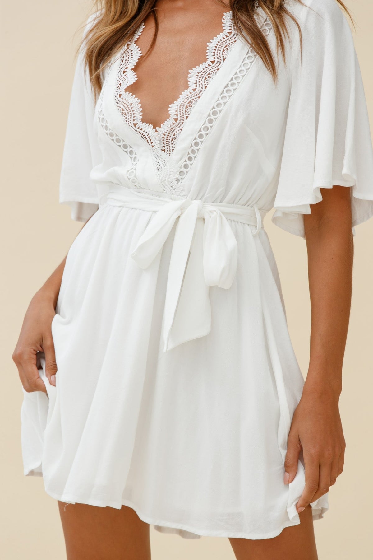 Angela Lace-Trimmed Bust Angel Sleeve Dress White