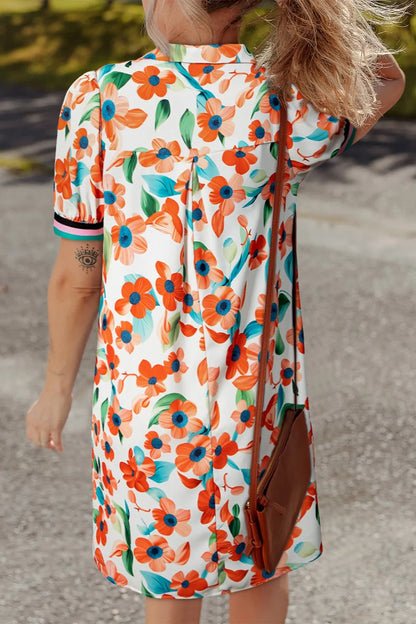 Contrast Trim Floral Split Neck Puff Short Sleeve Tiered Mini Dress