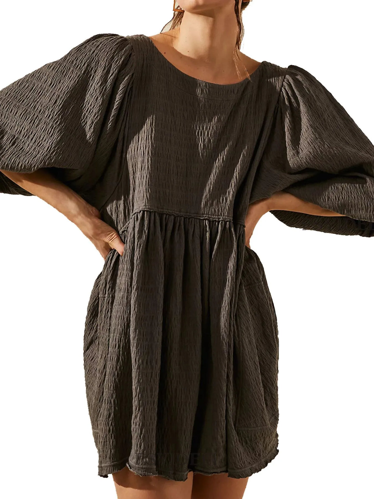 Relaxed Textured Babydoll Mini Dress with Back Keyhole Detail