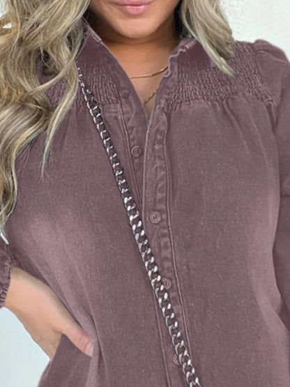 Full Size Button Front Long Sleeve Denim Dress Plus Size