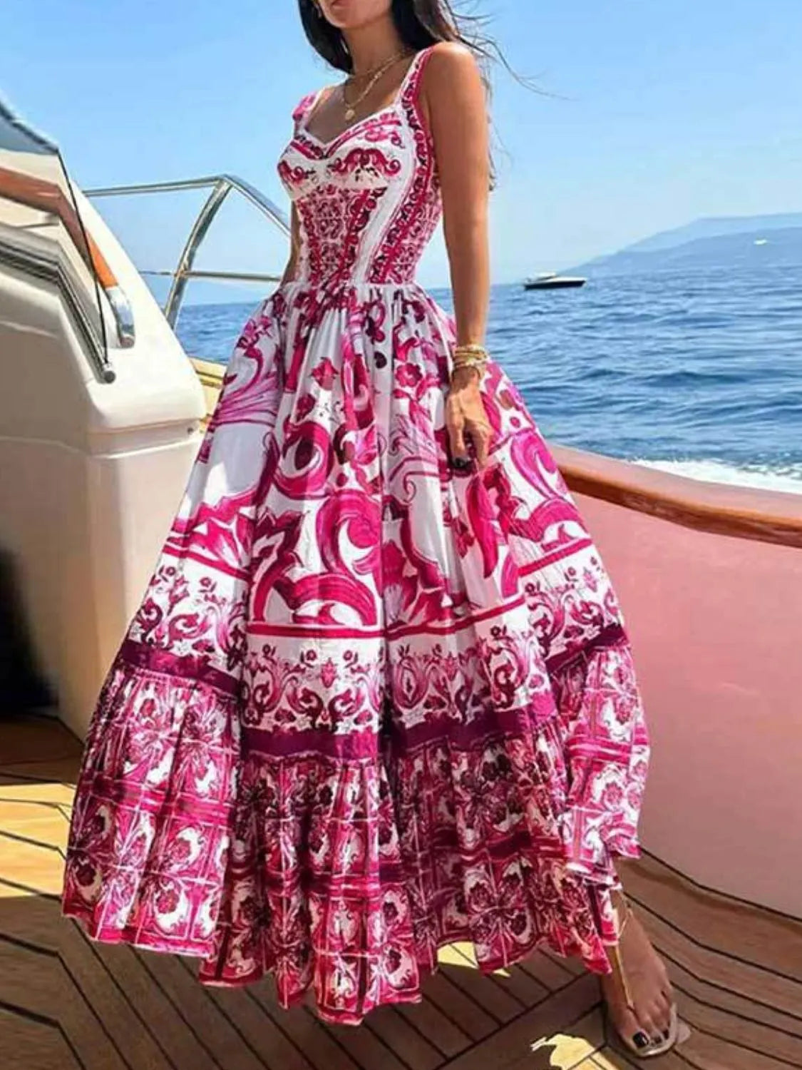 Smocked Printed Wide Strap Dress