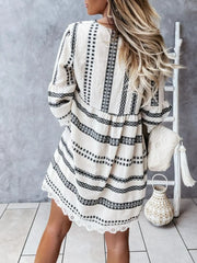 V-Neck Lace Trim Striped Babydoll Dress