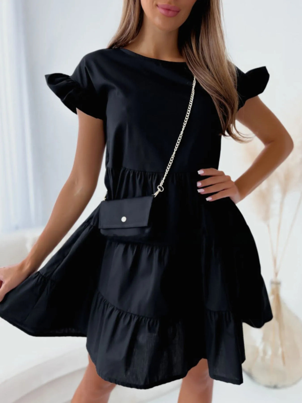 Ruffle Sleeve Tiered Swing Dress