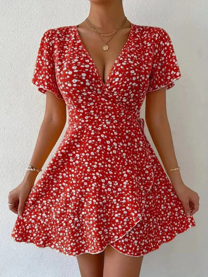 Floral Flutter Sleeve Wrap Mini Dress