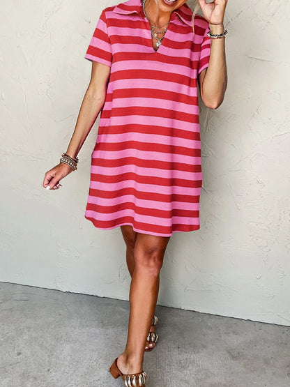 Striped Johnny Collar Short Sleeve Dress
