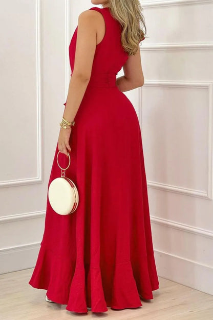 Ruffled Plunge Sleeveless Maxi Dress