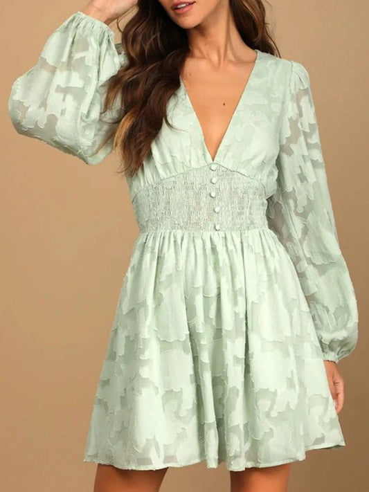 Smocked V-Neck Balloon Sleeve Dress