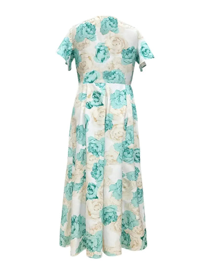 Plus Size Floral Print V-Neck Maxi Dress with Flutter Sleeves