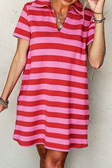 Casual Striped Polo Collar T-Shirt Dress