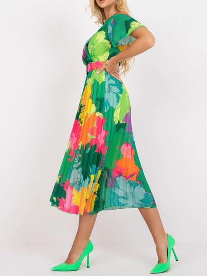 Printed Pleated Midi Wrap Dress with Belt