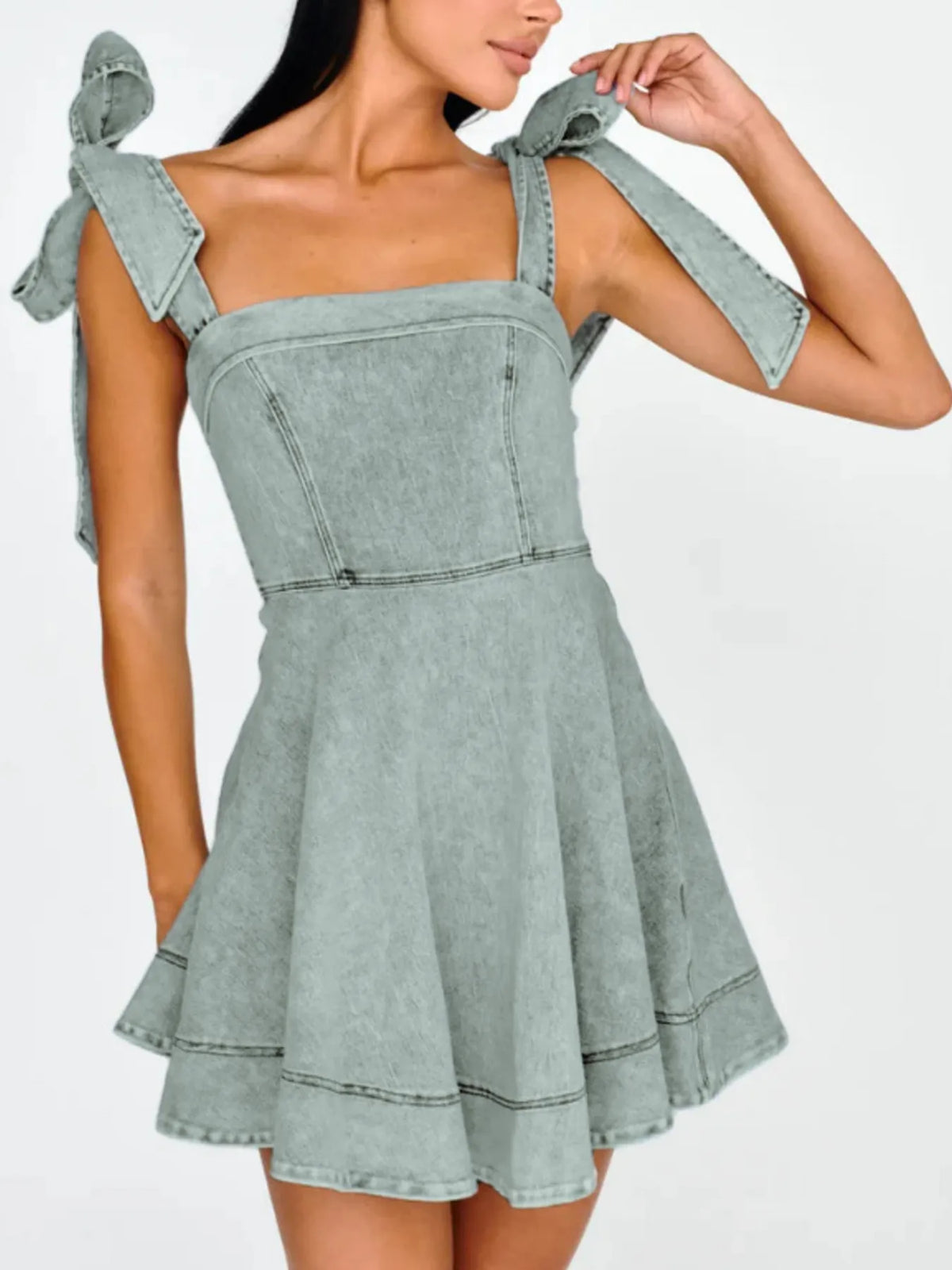Bow-Shoulder Square Neck Denim Mini Dress