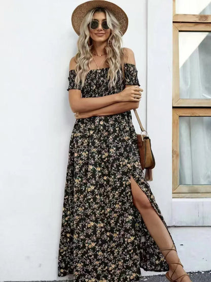 Full Size Slit Off-Shoulder Floral Midi Dress Plus Size
