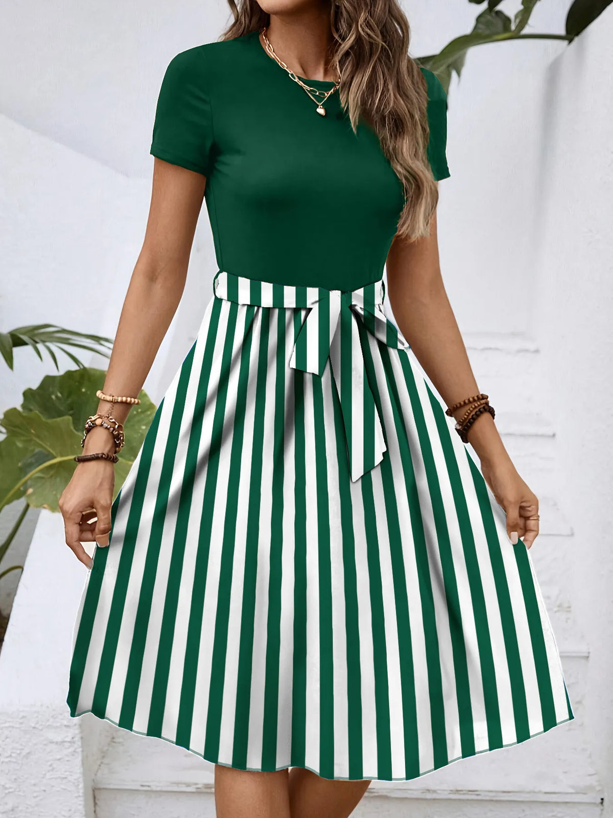 Striped Round Neck Short Sleeve Dress