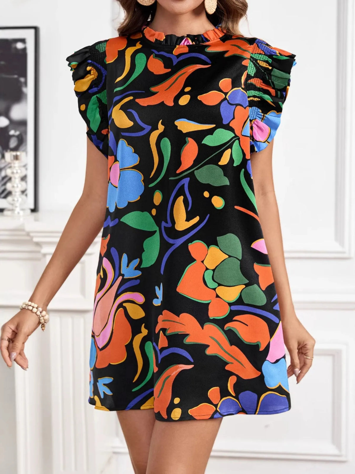 Printed Ruffle Sleeve Mini Dress