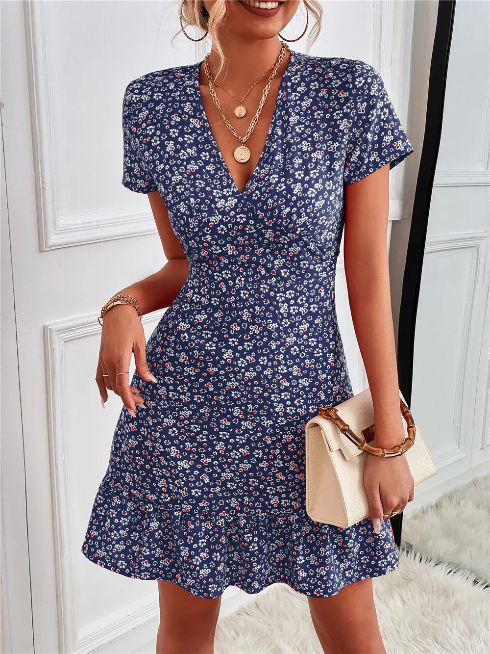 Printed Ruffled Hem V-Neck Short Sleeve Mini Dress